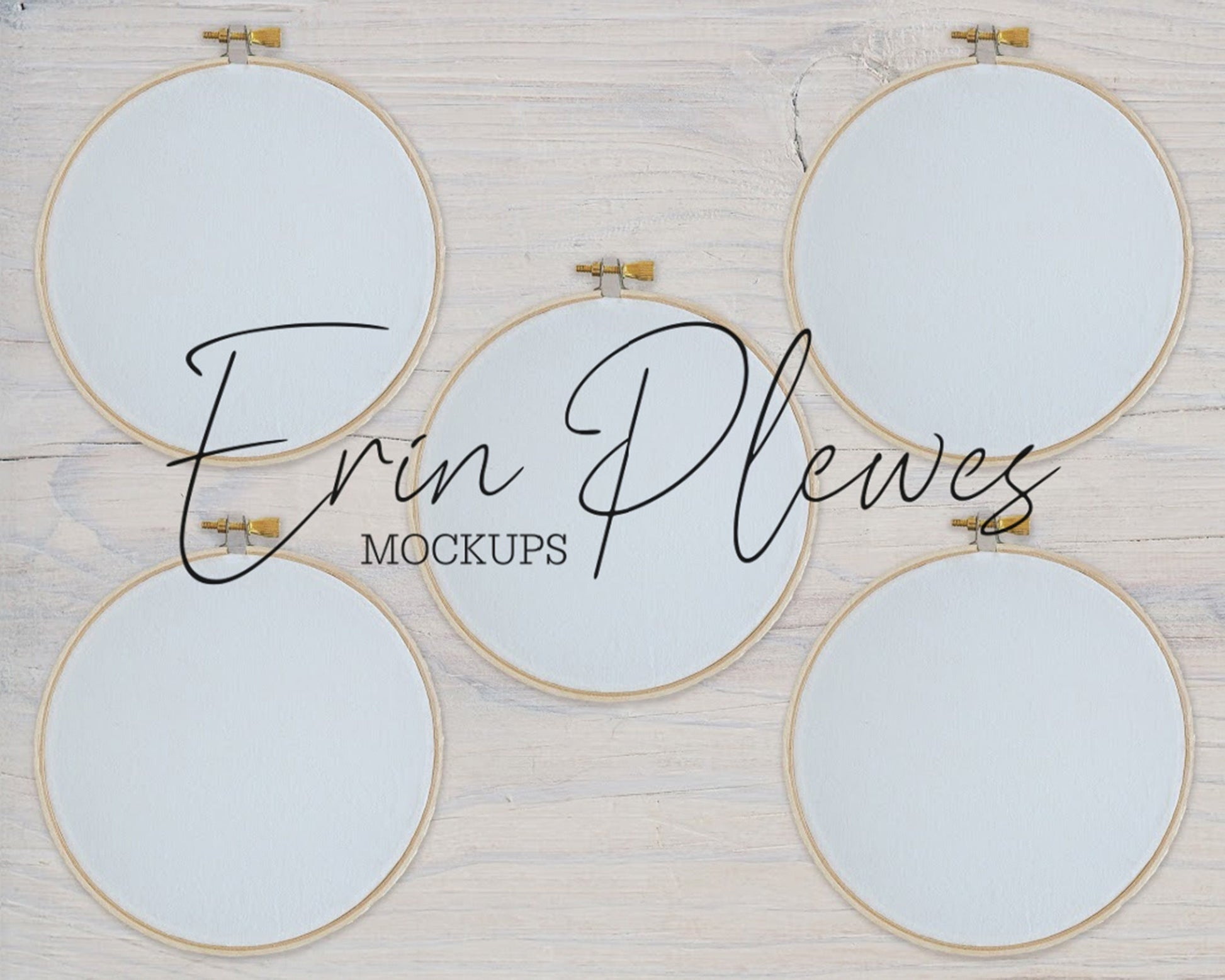 Embroidery Hoop Mockup Set of 5, Cross Stich Mock-Up on Rustic White Wood, PSD Smart Object Digital Download Template JPG PNG