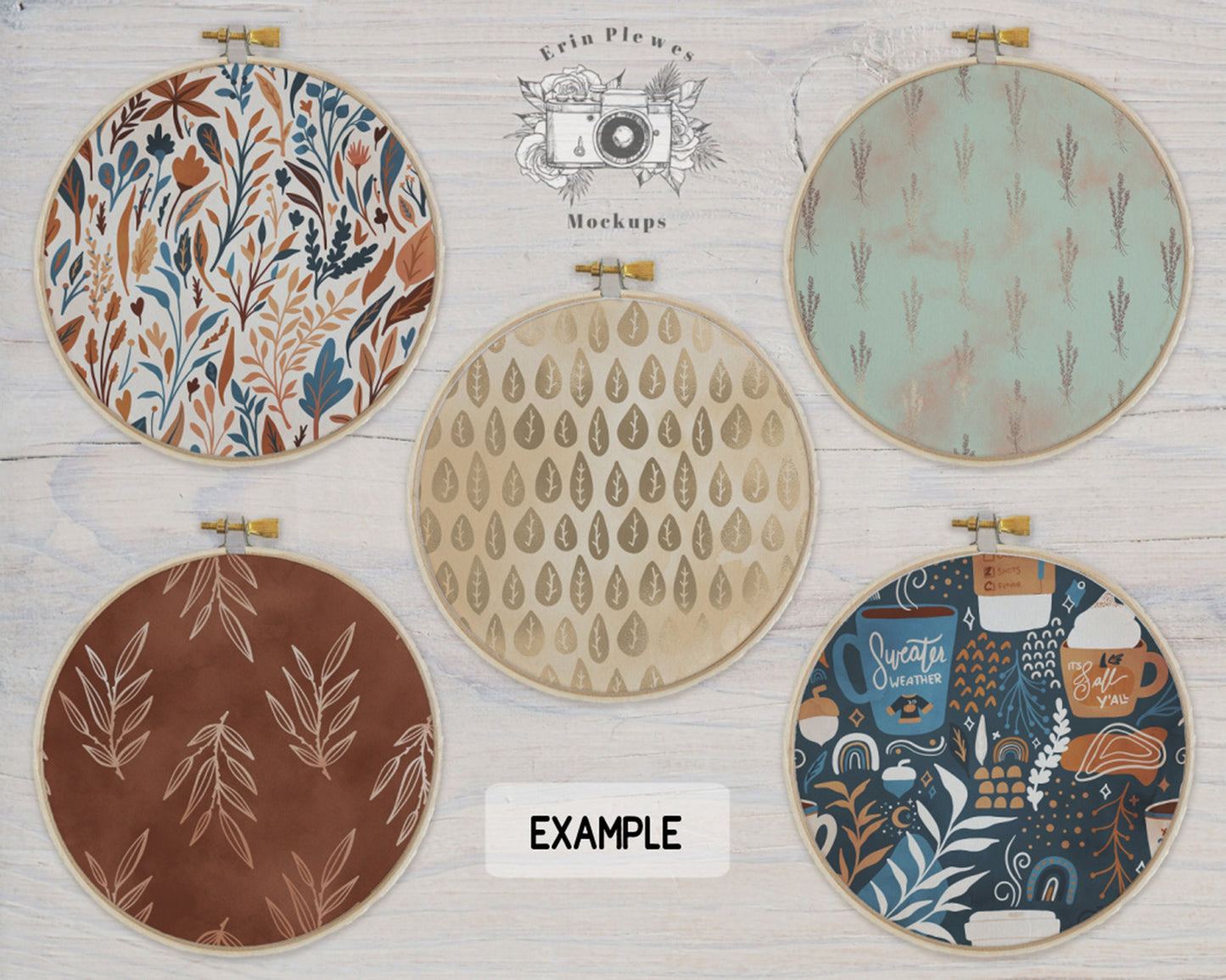 Embroidery Hoop Mockup Set of 5, Cross Stich Mock-Up on Rustic White Wood, PSD Smart Object Digital Download Template JPG PNG