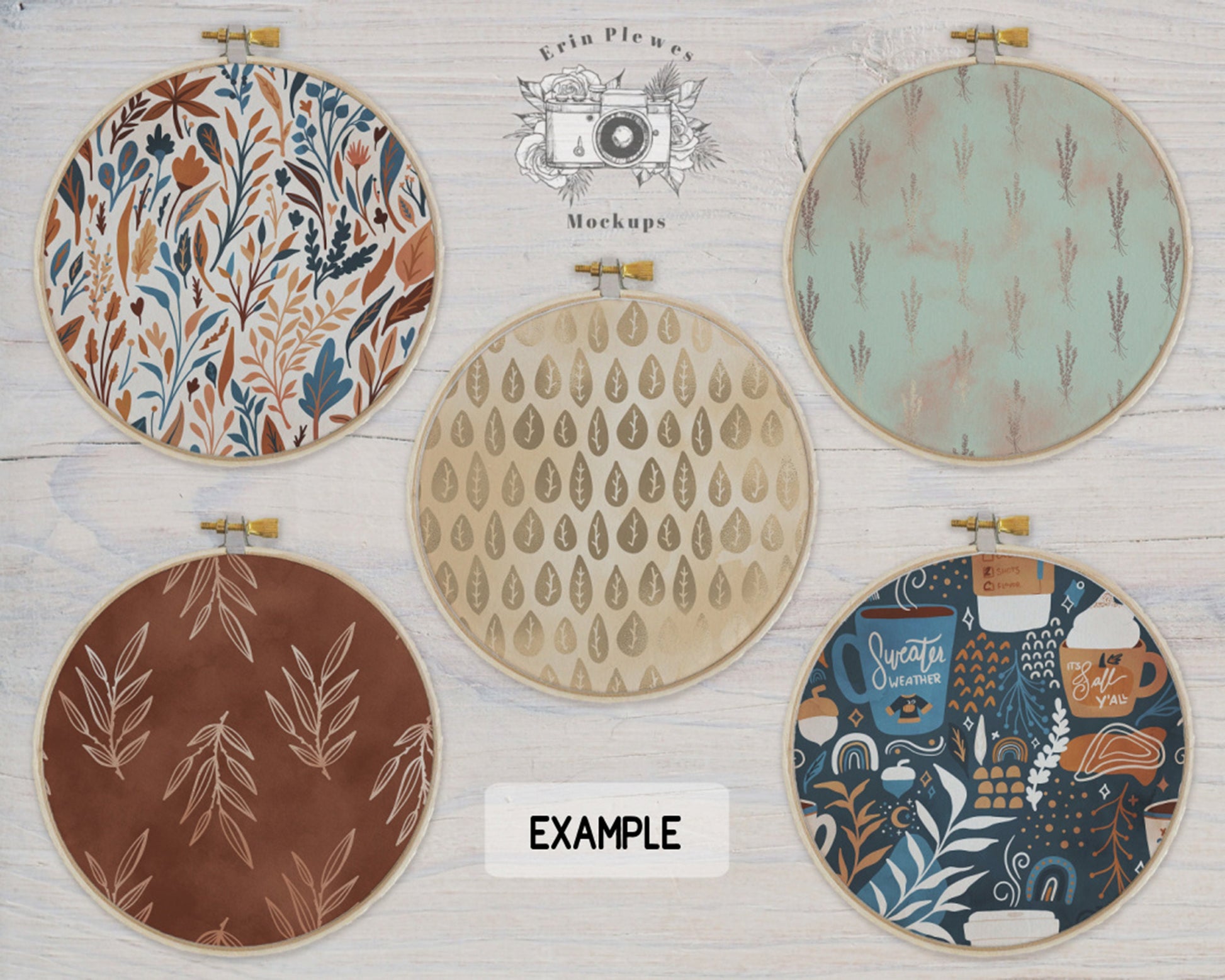 Embroidery Hoop Mockup Set of 5, Cross Stich Mock-Up on Rustic White Wood, PSD Smart Object Digital Download Template JPG PNG