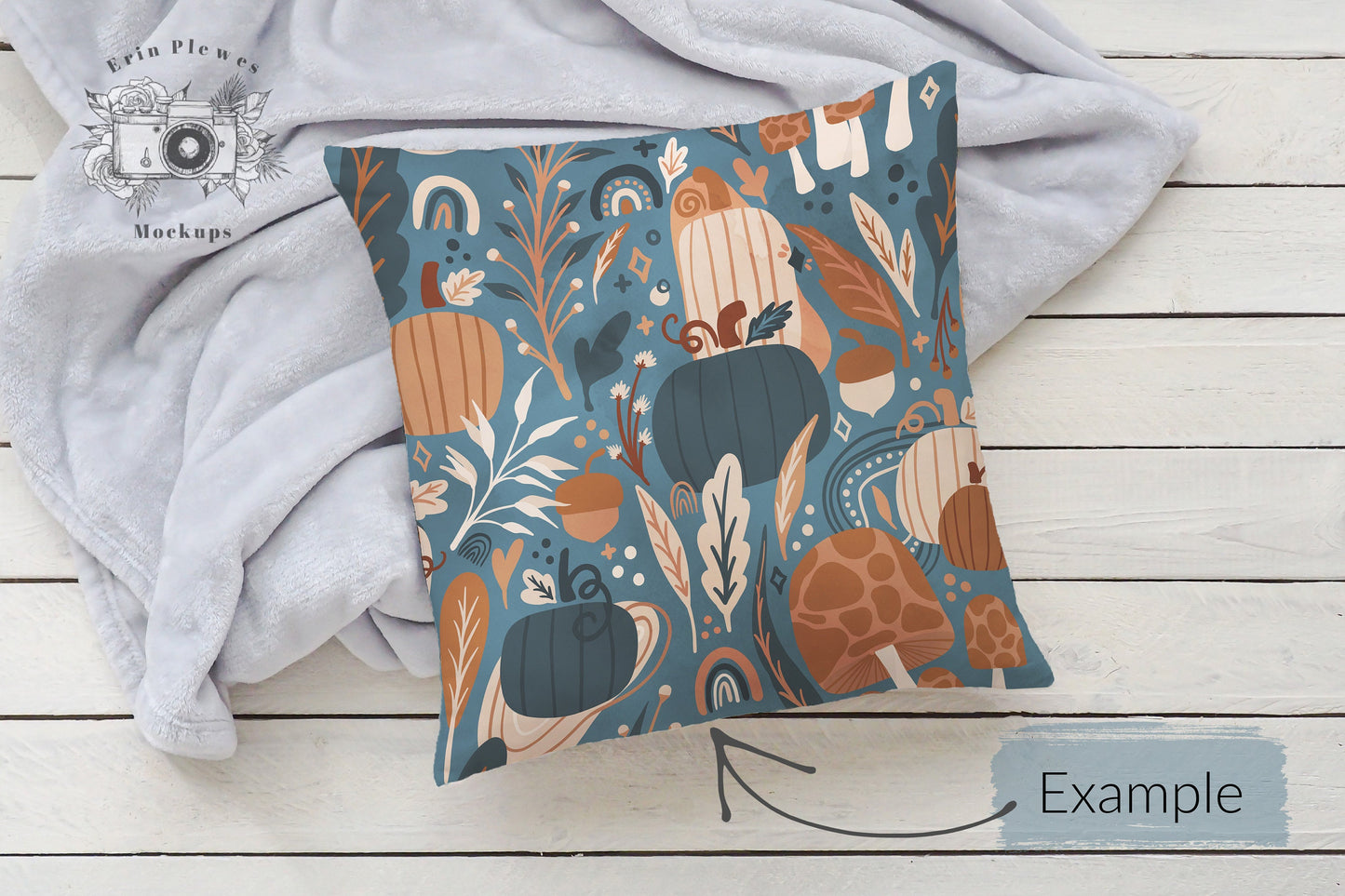 Square Pillow Mockup PSD Smart Object, Cushion Mock Up, Pillow Slipcover Mock-up with Gray Blanket, Instant Digital Download Jpeg