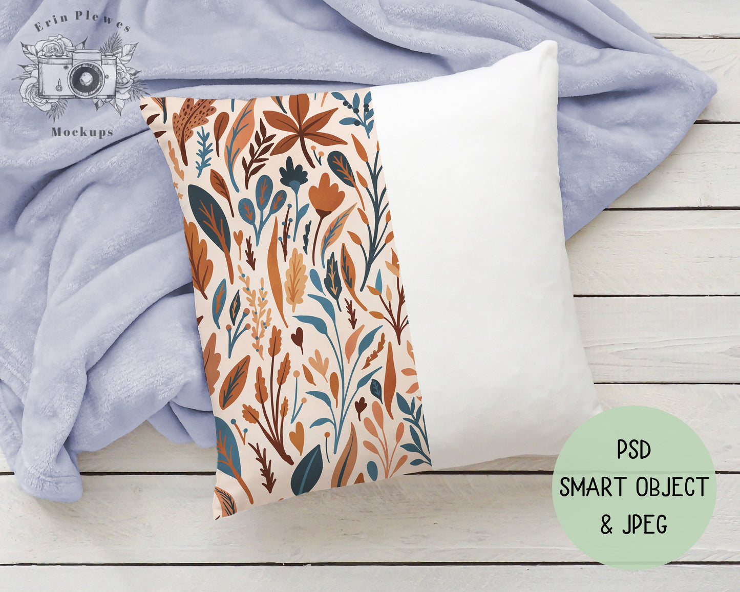 Cushion Mockup PSD Smart Object, Pillow Mock Up, Pillow Slipcover Mock-up with Blue Blanket, Instant Digital Download Jpeg Template