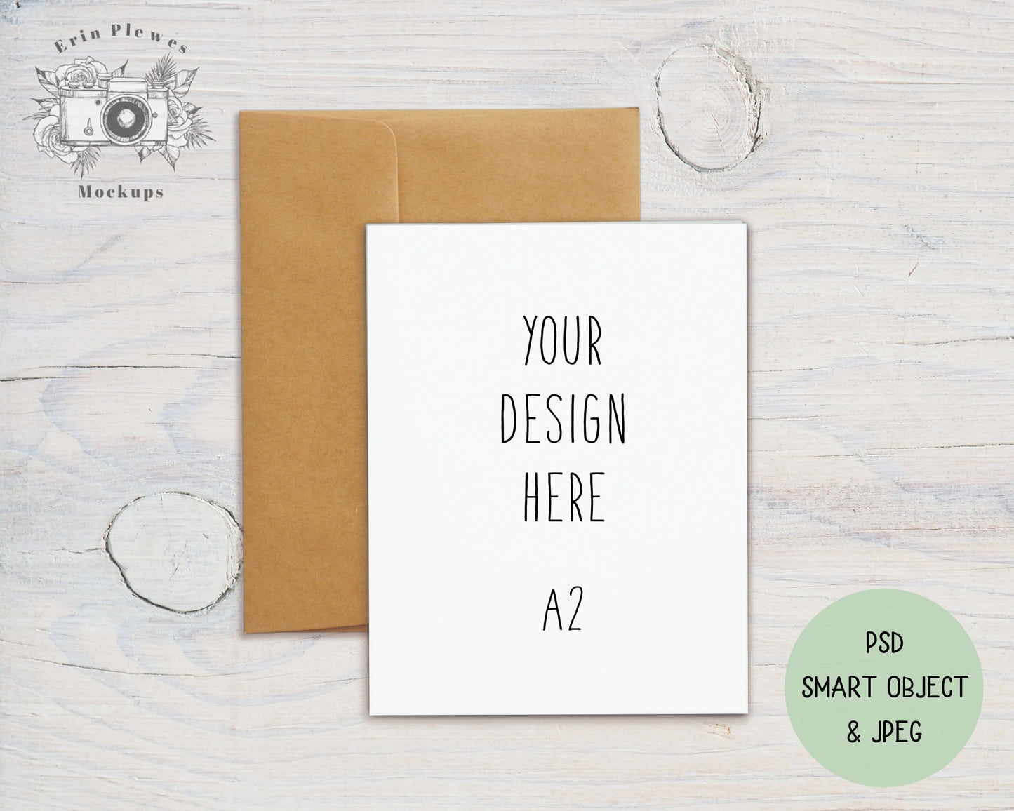 A2 Card Mockup Kraft Envelope, 4.25" x 5.5" Folded Card Mock Up, Greeting Card Mock-Up PSD Smart Object, Jpeg Instant Digital Download