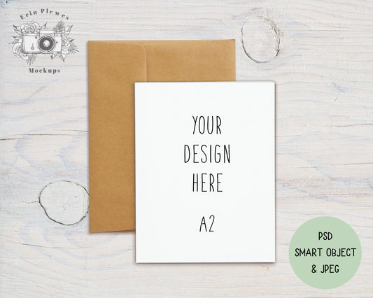 A2 Card Mockup Kraft Envelope, 4.25" x 5.5" Folded Card Mock Up, Greeting Card Mock-Up PSD Smart Object, Jpeg Instant Digital Download