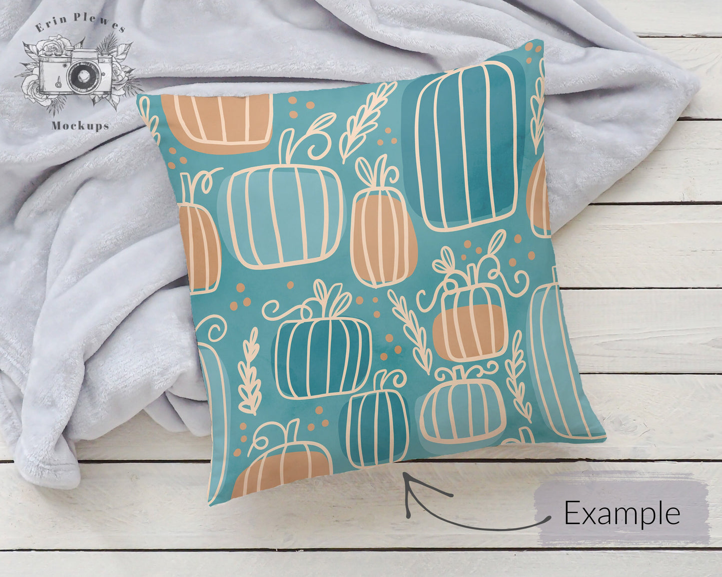 Square Pillow Mockup PSD Smart Object, Cushion Mock Up, Pillow Slipcover Mock-up with Gray Blanket, Instant Digital Download Jpeg