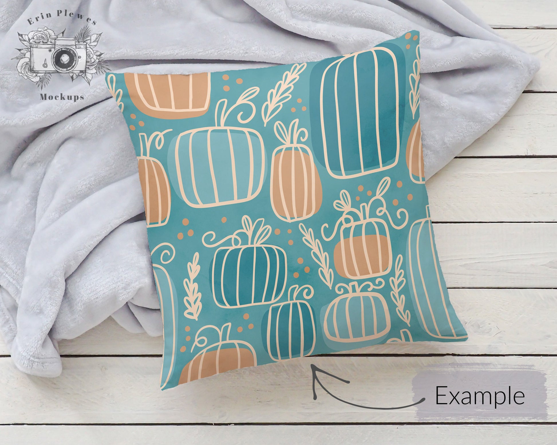 Square Pillow Mockup PSD Smart Object, Cushion Mock Up, Pillow Slipcover Mock-up with Gray Blanket, Instant Digital Download Jpeg