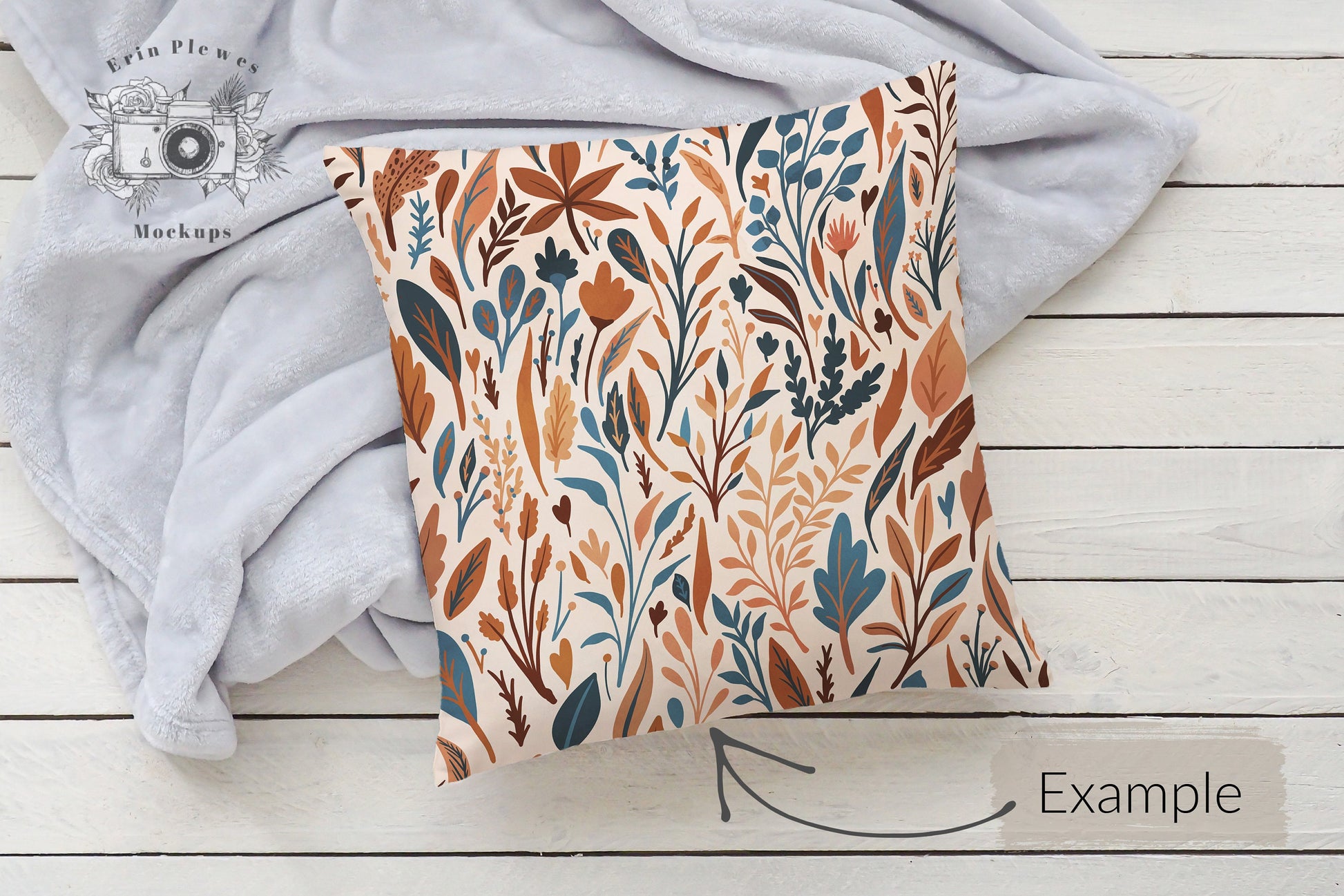Square Pillow Mockup PSD Smart Object, Cushion Mock Up, Pillow Slipcover Mock-up with Gray Blanket, Instant Digital Download Jpeg