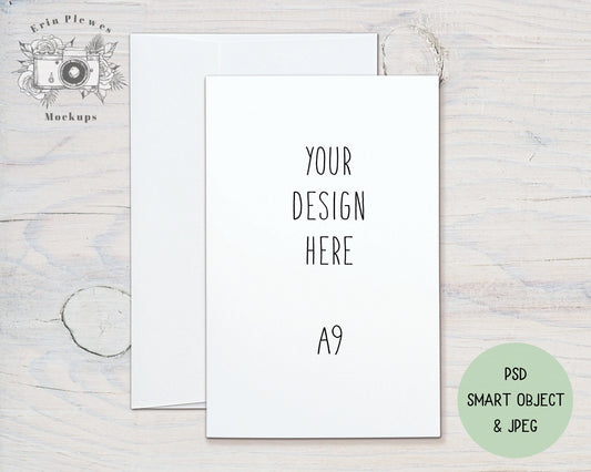 A9 Card Mockup PSD Smart Object, 5.5" x 8.5" Folded Card Mock Up, A-9 Greeting Card with Envelope Mock-up, Jpeg Instant Digital Download
