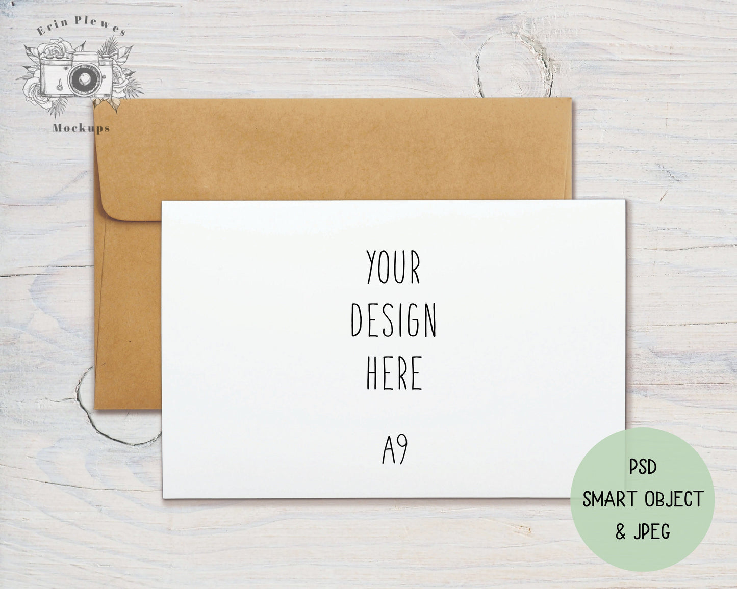 Card Mockup 5.5" x 8.5", A9 Card Mock Up PSD Smart Object, Greeting Card with Kraft Envelope Mock-up, Jpeg Instant Digital Download Template