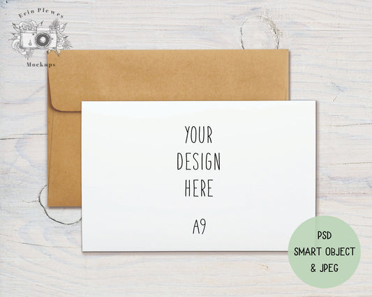 Card Mockup 5.5" x 8.5", A9 Card Mock Up PSD Smart Object, Greeting Card with Kraft Envelope Mock-up, Jpeg Instant Digital Download Template