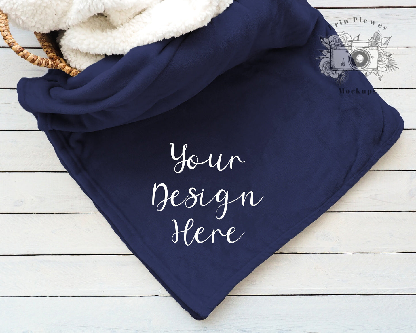 Blanket Mockup Navy, Blue Minky Blanket Mock-up in a Basket for Lifestyle Stock Photo, Fleece Blanket Mock Ups, Instant Download Jpeg