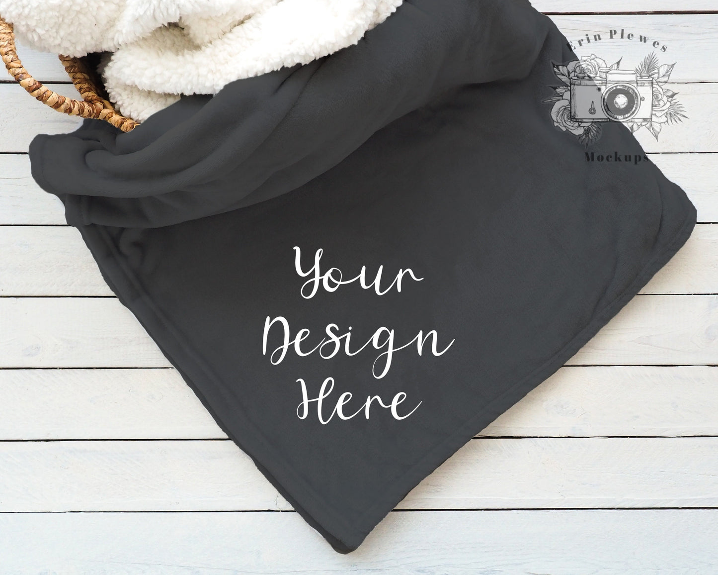 Blanket Mockup Gray, Fleece Blanket Mock Up on Farmhouse Style Shiplap, Charcoal Minky Blanket Flatlay, Instant Digital Download Jpeg