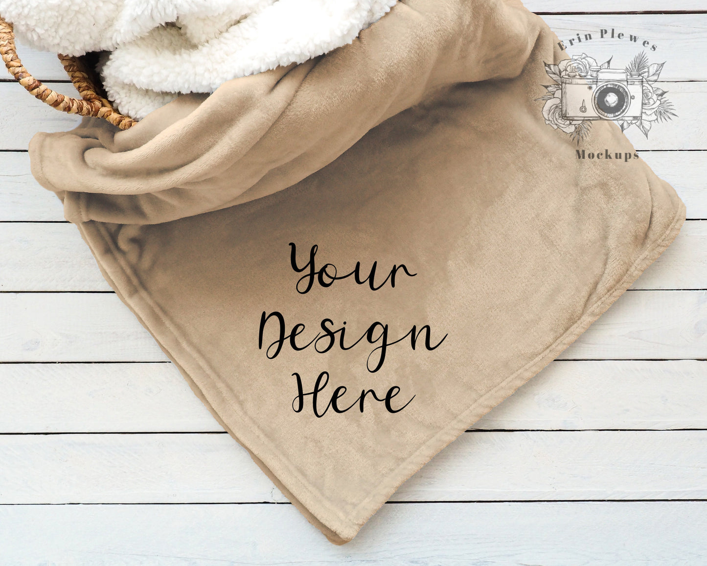 Blanket Mockup Tan, Fleece Blanket Mock-up on Farmhouse Style Shiplap, Fawn Minky Blanket Flat Lay, Instant Digital Download Jpeg