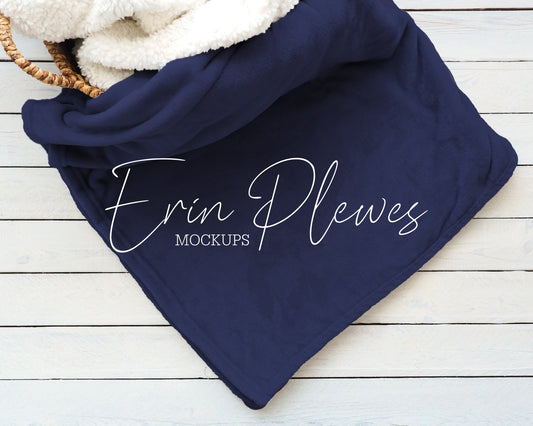 Blanket Mockup Navy, Blue Minky Blanket Mock-up in a Basket for Lifestyle Stock Photo, Fleece Blanket Mock Ups, Instant Download Jpeg