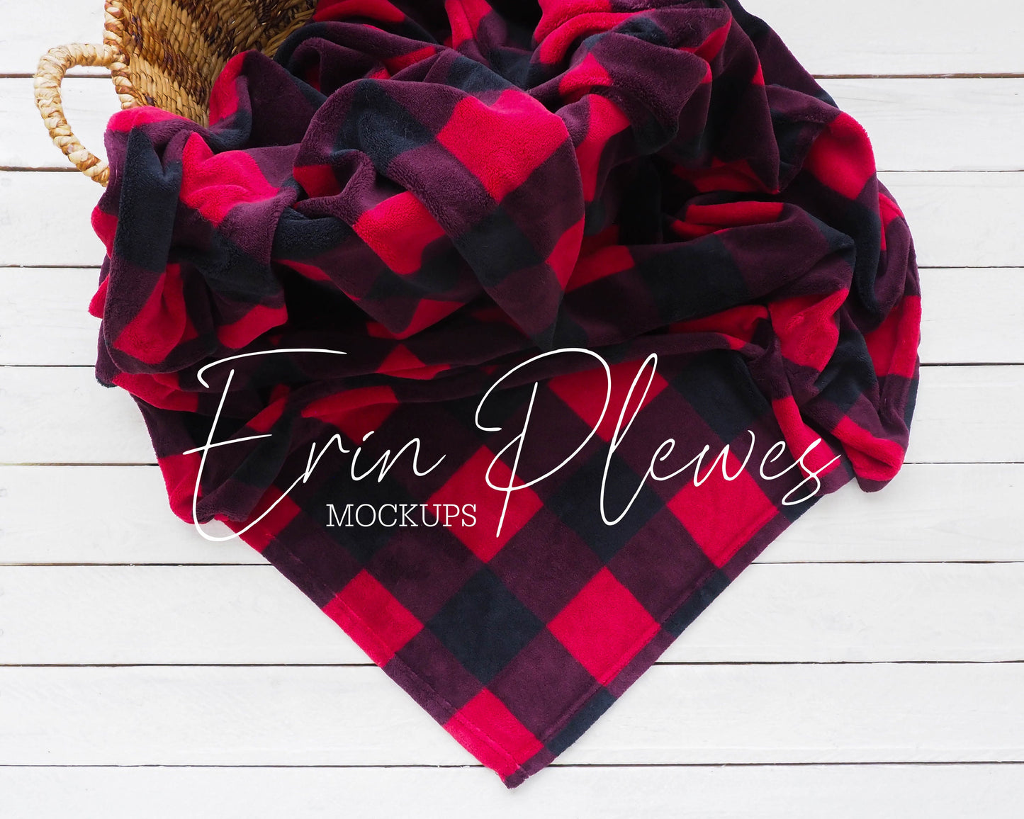 Red Plaid Blanket Mockup, Minky Blanket Mock Up in a Basket, Red Fleece Blanket Mock Up, Rustic Blanket Stock Photo, Instant Download Jpeg