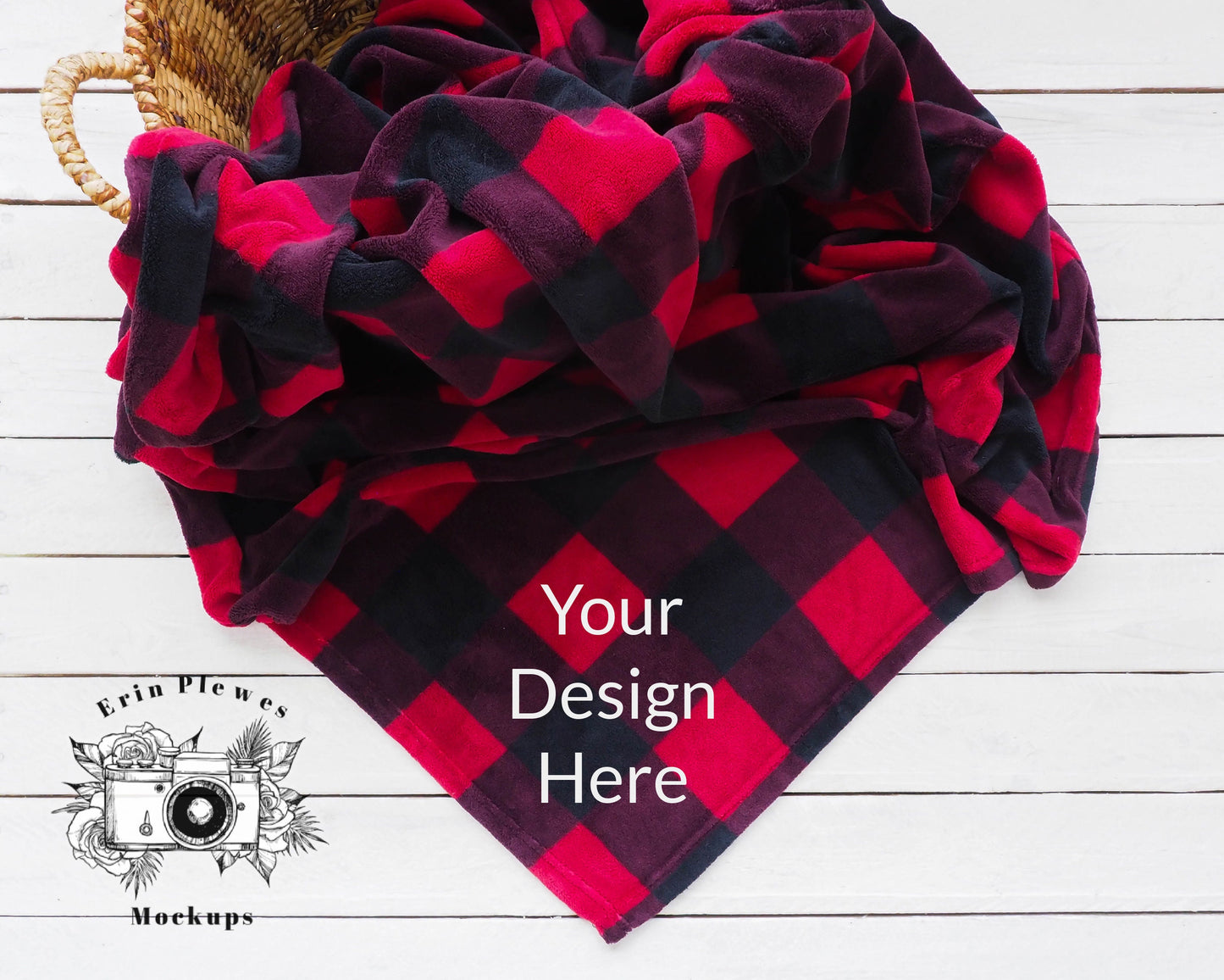 Red Plaid Blanket Mockup, Minky Blanket Mock Up in a Basket, Red Fleece Blanket Mock Up, Rustic Blanket Stock Photo, Instant Download Jpeg