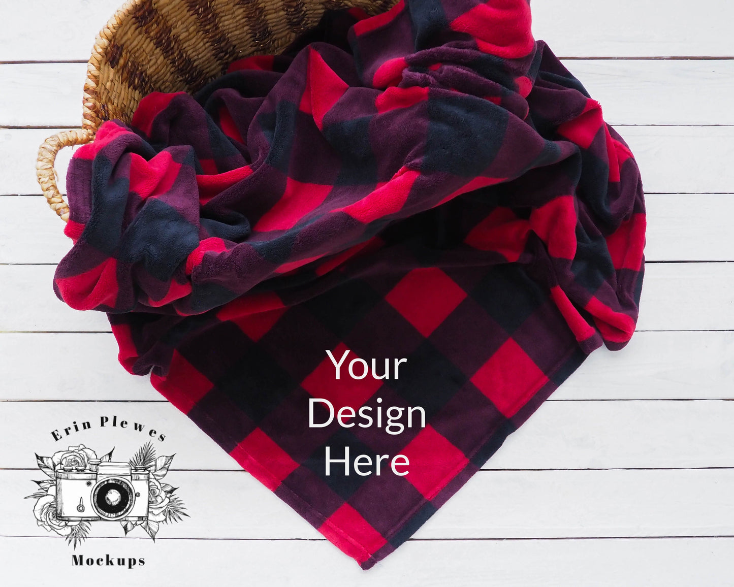 Christmas Blanket Mockup, Red Plaid Blanket Mock Up in a Basket, Fleece Blanket Mock Up, Rustic Blanket Stock Photo, Instant Download Jpeg