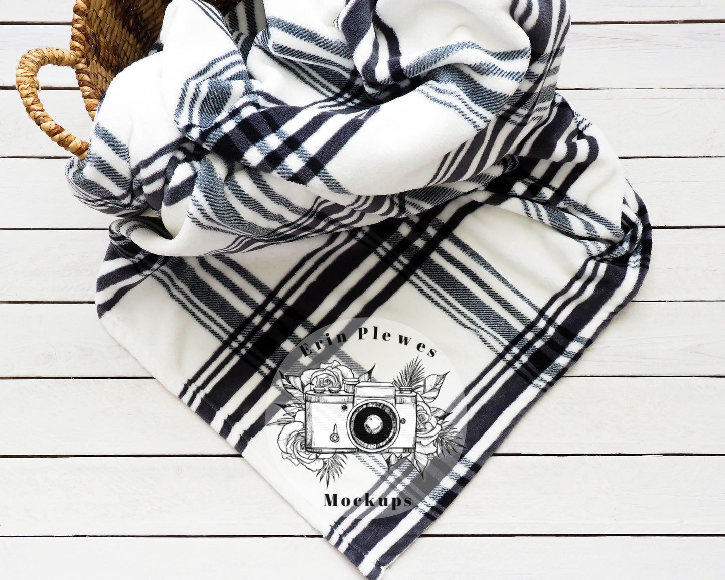 Blanket Mockup Plaid, White and Black Blanket Mock Up on Rustic Wood, Fleece Blanket Mock Up in Basket, Instant Download Jpeg Template
