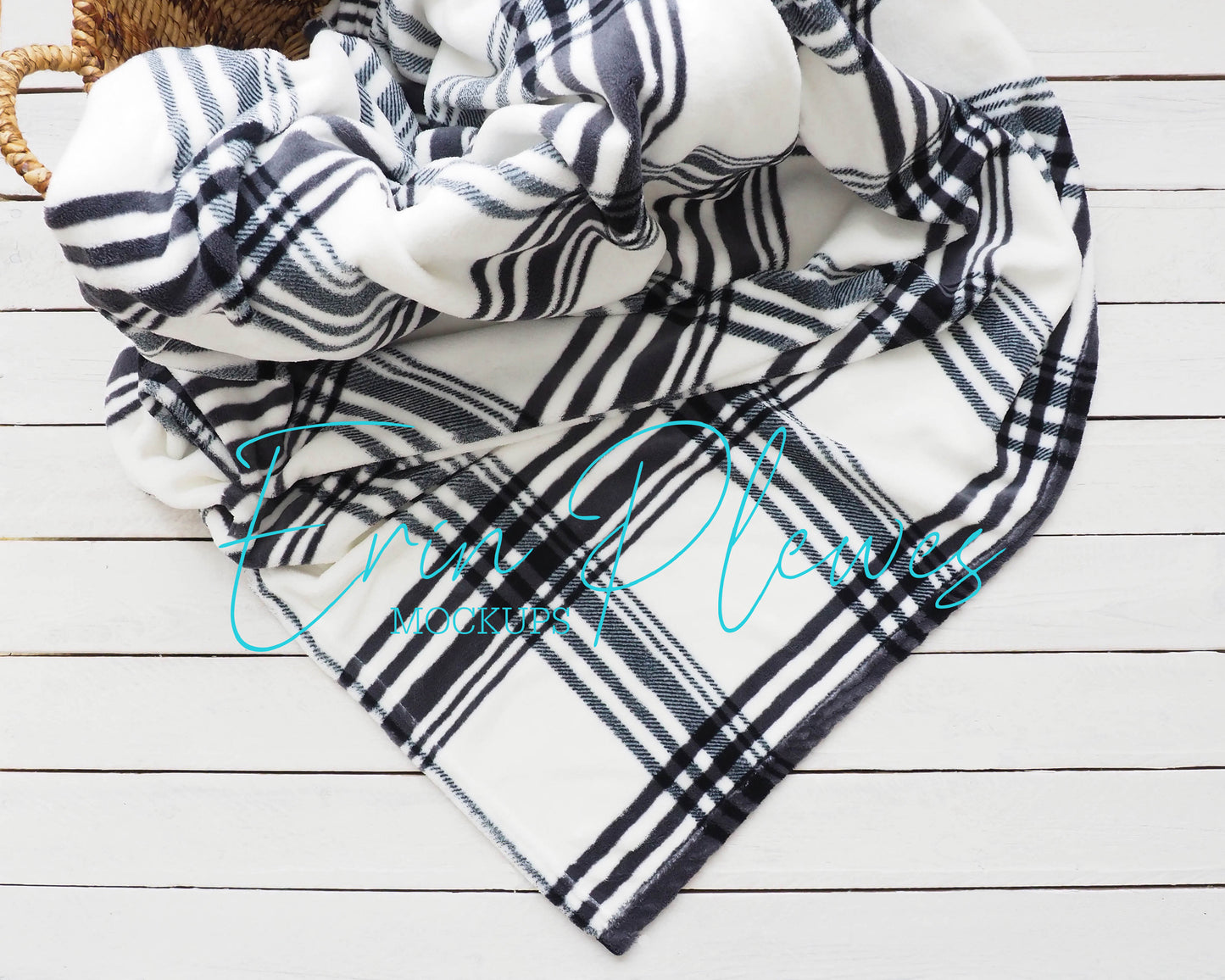 Blanket Mockup White and Black Plaid, Blanket Mock Up on Rustic Wood, Fleece Blanket Mock Up, Instant Download Jpeg Template
