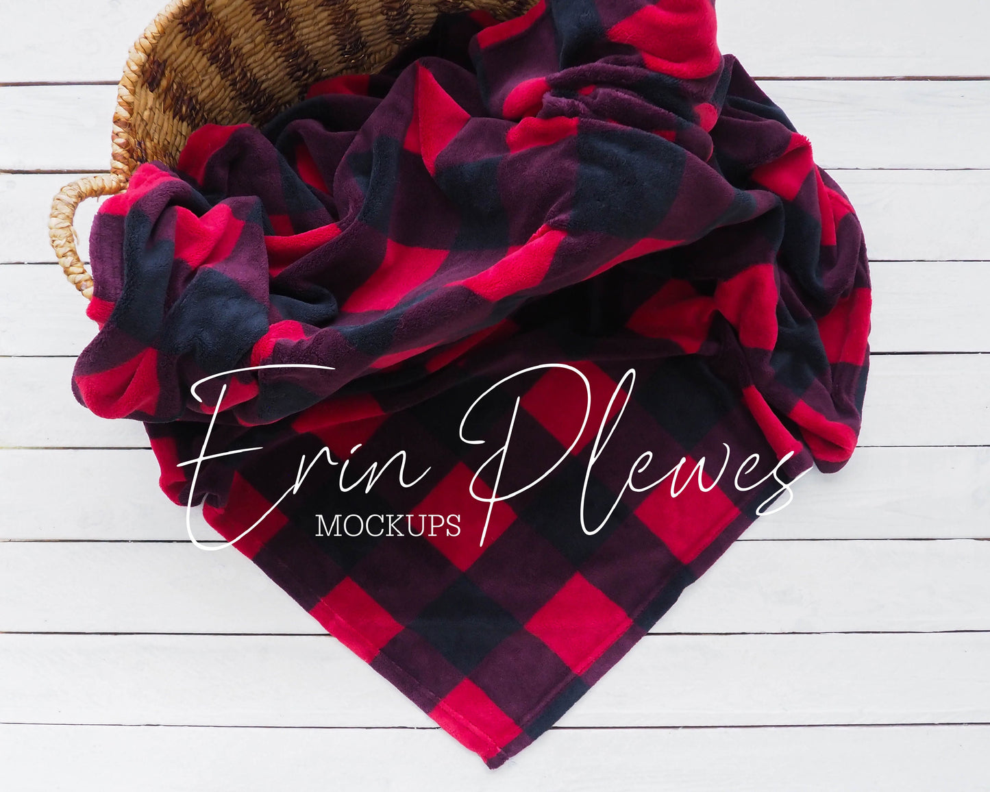 Christmas Blanket Mockup, Red Plaid Blanket Mock Up in a Basket, Fleece Blanket Mock Up, Rustic Blanket Stock Photo, Instant Download Jpeg