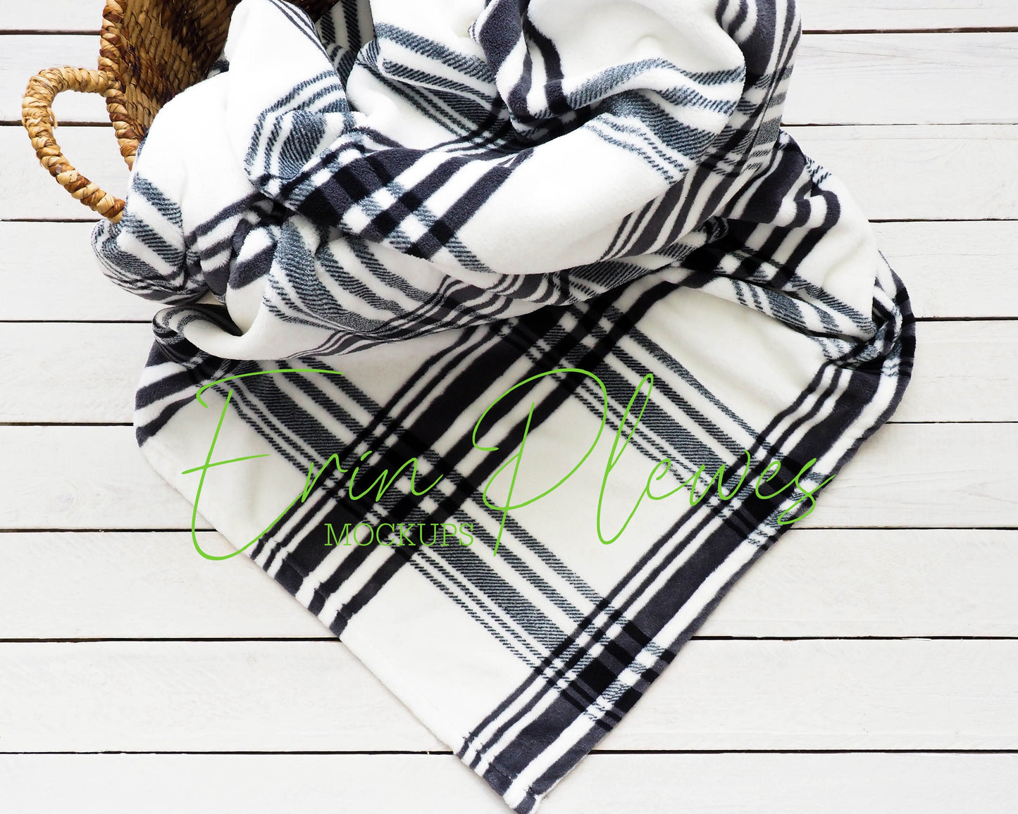 Blanket Mockup Plaid, White and Black Blanket Mock Up on Rustic Wood, Fleece Blanket Mock Up in Basket, Instant Download Jpeg Template