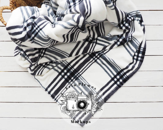 Blanket Mockup White and Black Plaid, Blanket Mock Up on Rustic Wood, Fleece Blanket Mock Up, Instant Download Jpeg Template