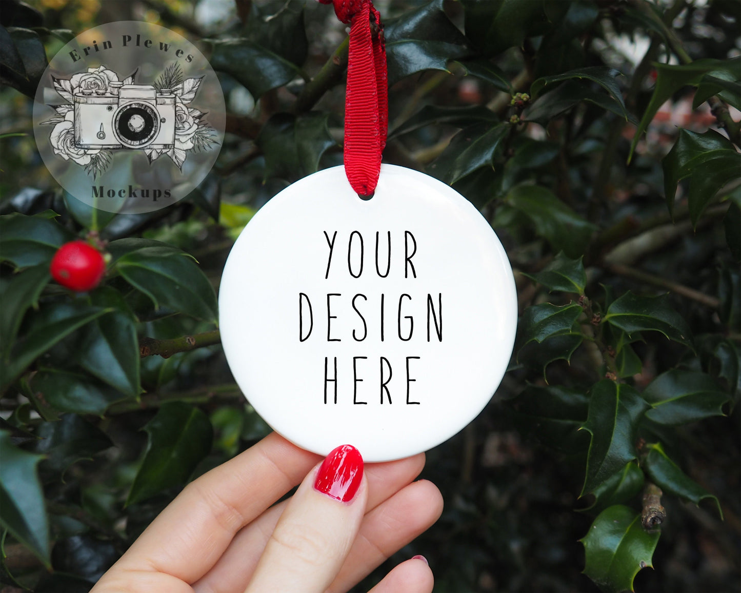 Christmas ornament mockup round, white blank Holiday decoration mock-up for template design and stock photography, JPG PNG Digital Download