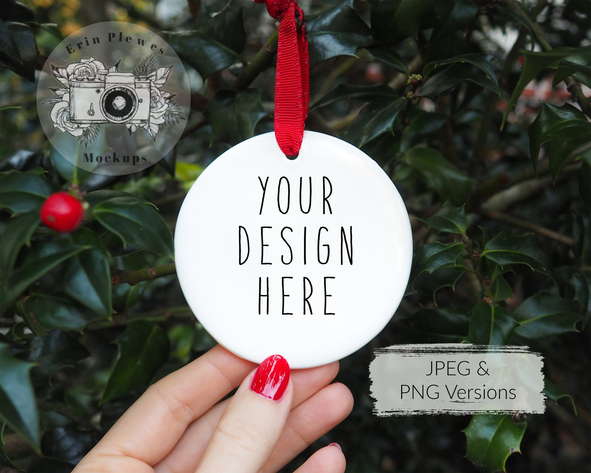 Christmas ornament mockup round, white blank Holiday decoration mock-up for template design and stock photography, JPG PNG Digital Download