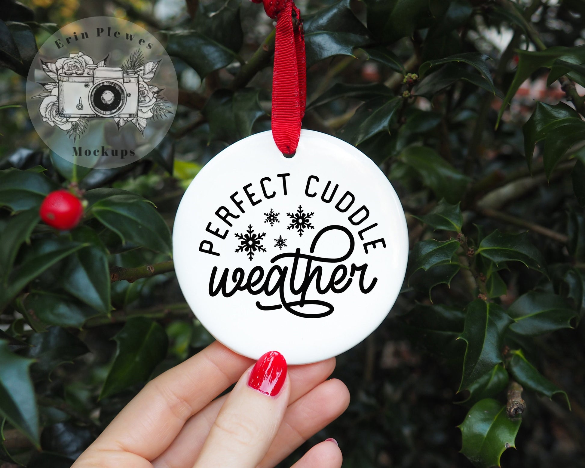 Christmas ornament mockup round, white blank Holiday decoration mock-up for template design and stock photography, JPG PNG Digital Download