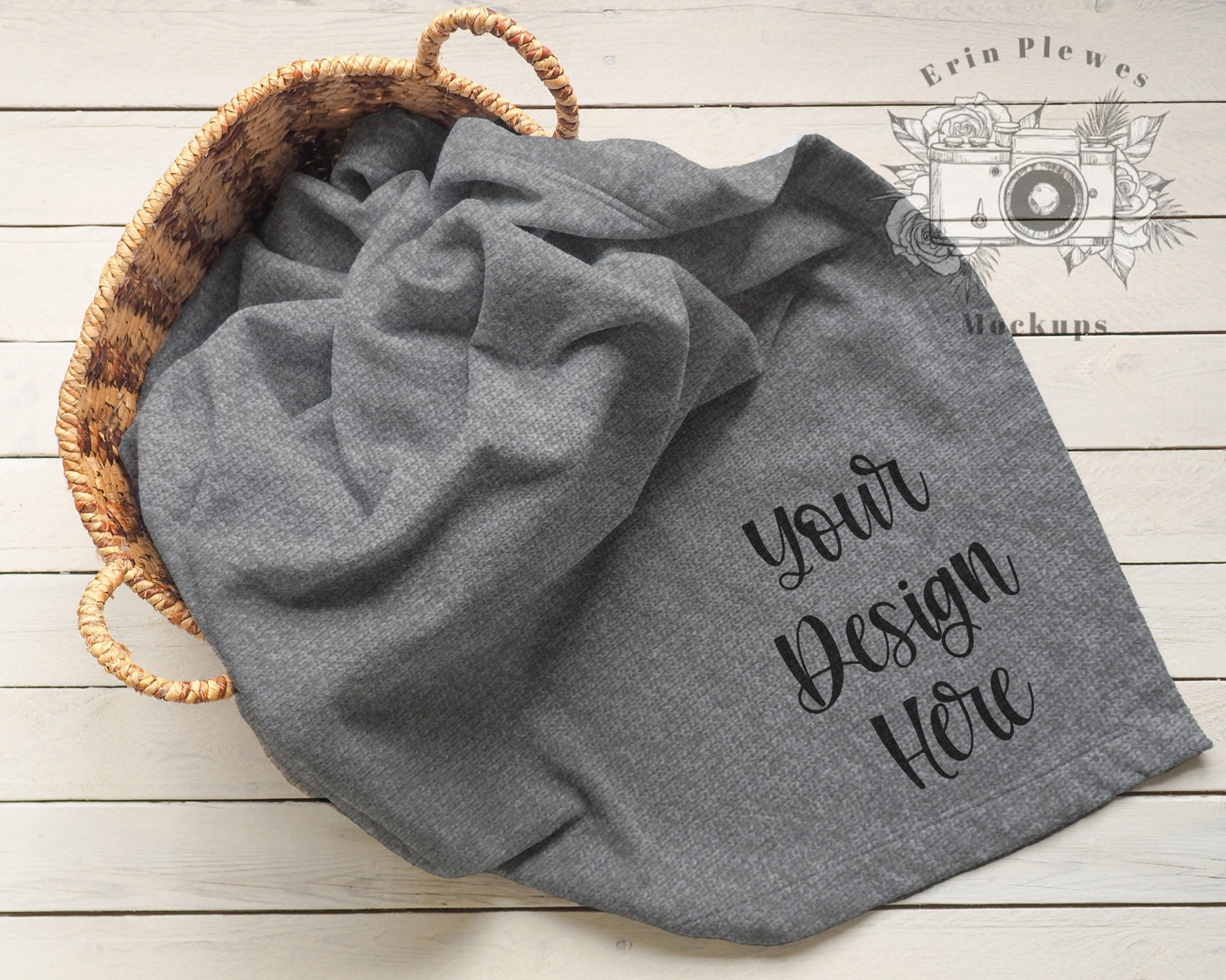 Blanket Mockup Dark Gray, Stadium blanket mockup in a basket for lifestyle stock photo, Throw Blanket Mock-up, Blanket Template Mock Up