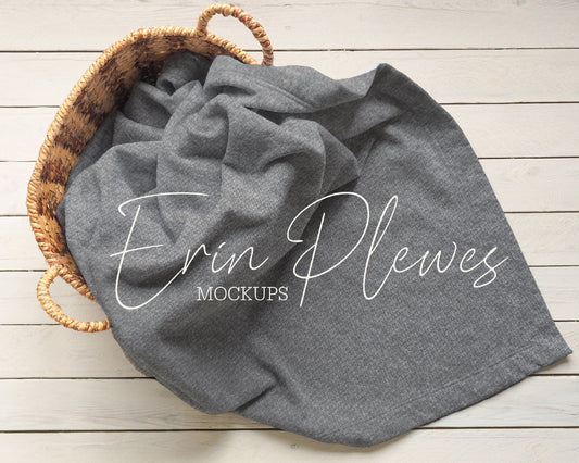 Blanket Mockup Dark Gray, Stadium blanket mockup in a basket for lifestyle stock photo, Throw Blanket Mock-up, Blanket Template Mock Up