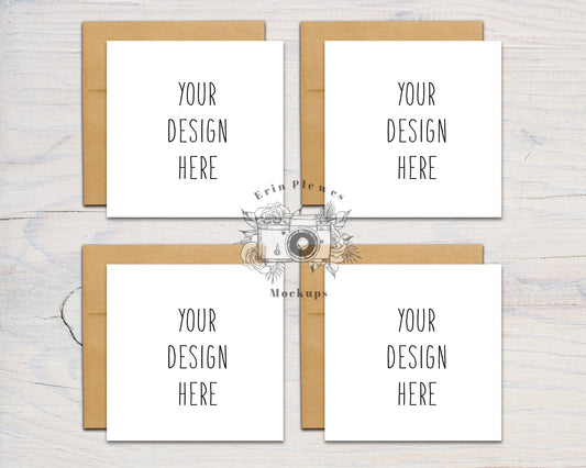 Square Card Mockup Kraft Envelope Set, Front Back Greeting Card Mockups, Square Card Mock Up Set, Jpeg Instant Digital Download