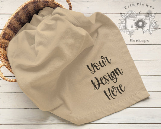 Sand Stadium Blanket Mockup, Gildan blanket mockup in a basket for lifestyle stock photo, Tan blanket mock up jpeg digital download