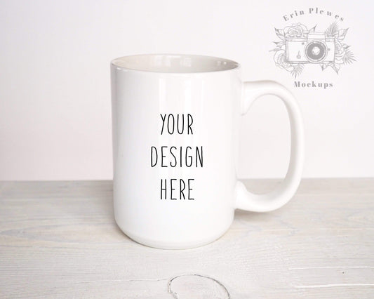 Erin Plewes Mockups Mug Mockup 15 oz, Coffee Mug Mock Up on Rustic White Wood, Minimalist Stock Photo, Jpeg Instant Digital Download Template