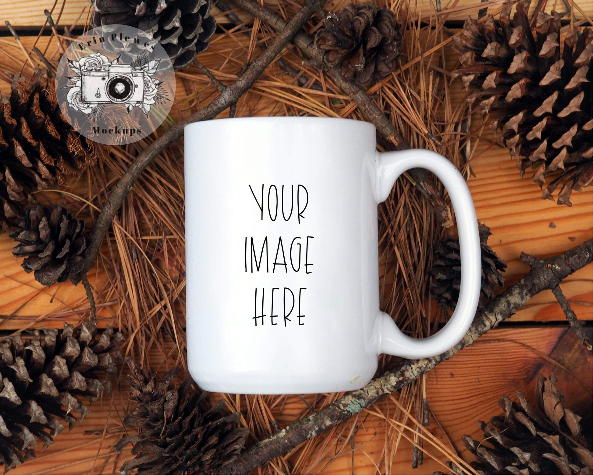 Erin Plewes Mockups Mug Mockup, 15oz Coffee Mug Mock Up, Fall Flat Lay in Pine Cones, Autumn Lifestyle Stock Photo