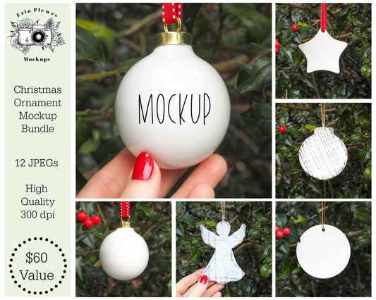 Erin Plewes Mockups Ornament Mockup Bundle, Christmas ornament mock up set of 12 holiday ceramic and porcelain decorations, Digital Download Jpeg Template