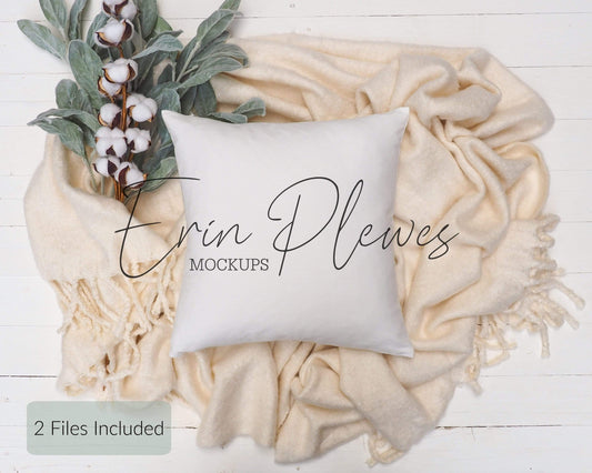 Erin Plewes Mockups Pillow Mockup, Square Pillow Mockup with blanket and cotton for farmhouse lifestyle stock photo, White pillow mock up jpeg digital download