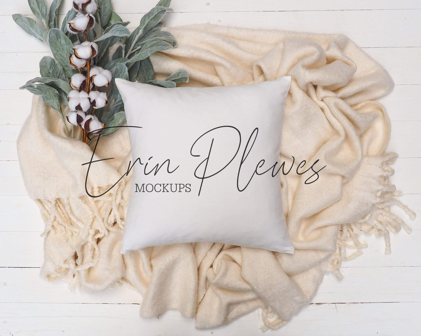 Erin Plewes Mockups Pillow Mockup, Square Pillow Mockup with blanket and cotton for farmhouse lifestyle stock photo, White pillow mock up jpeg digital download