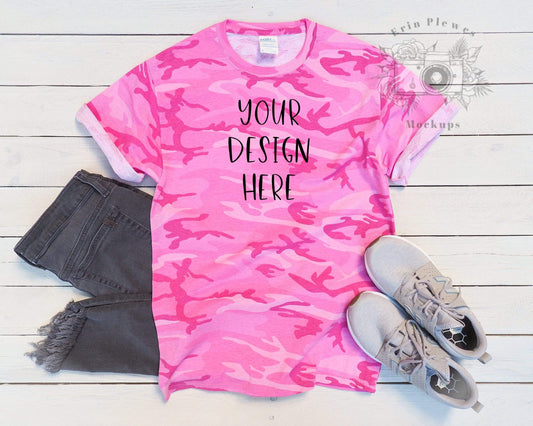 Erin Plewes Mockups Pink Camo TShirt Mockup, Tee Shirt Mockup for Lifestyle Stock Photo, Instant Digital Download Jpeg Template