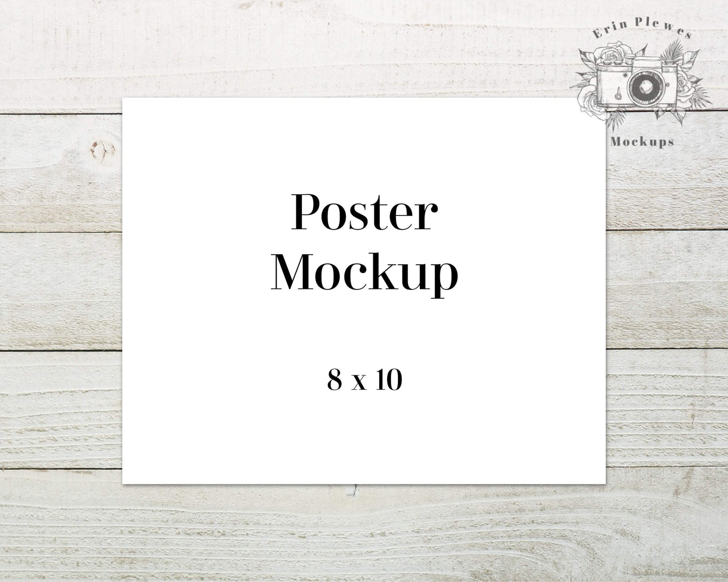 Erin Plewes Mockups Poster Mockup Landscape, 8x10 Print mockup on farmhouse style white rustic wood boards, Minimal Paper Mock up Template