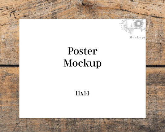 Erin Plewes Mockups Print Mockup 11x14, Poster mock-up on brown rustic farmhouse wood, Minimal paper mock up Jpeg Instant Digital Download