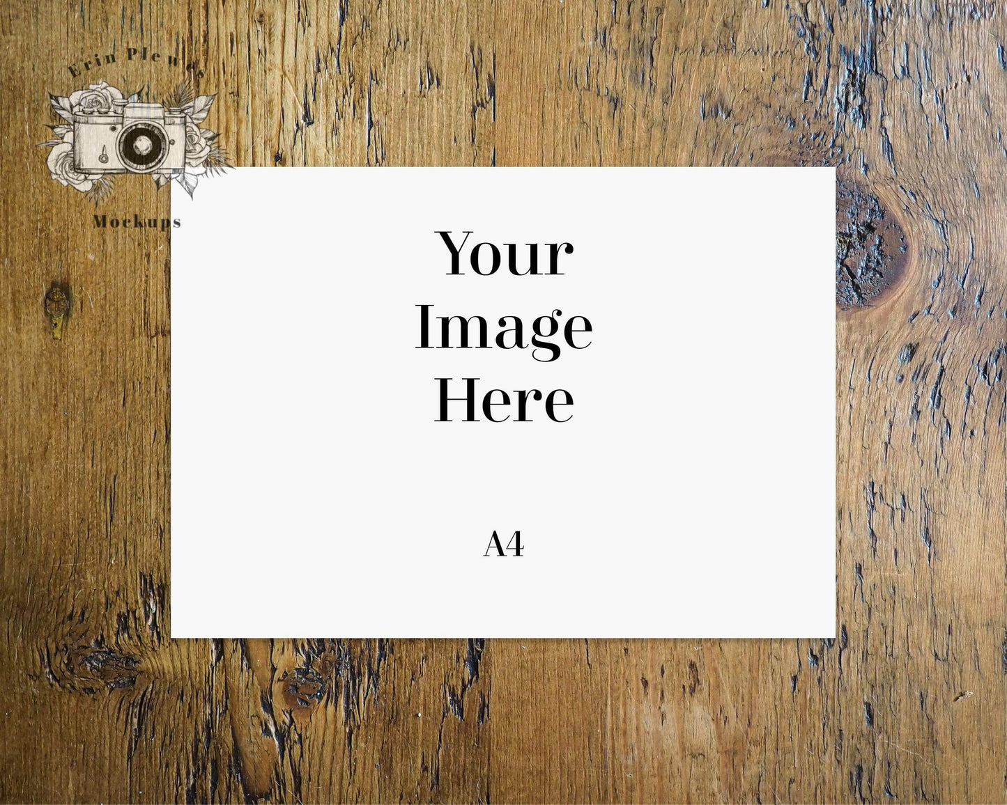 Erin Plewes Mockups Print Mockup A4 Horizontal, Poster mockup A4 landscape on rustic brown farmhouse style wood, Letter mock up JPG Template