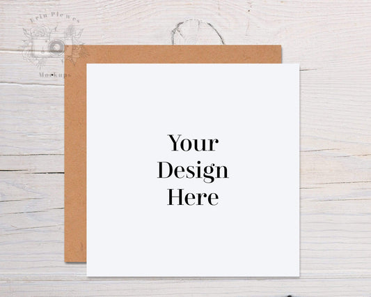 Erin Plewes Mockups Square Card Mockup with Kraft Envelope, Invitation Mock Up on Rustic Wood, Square Stationary Mock-up Template