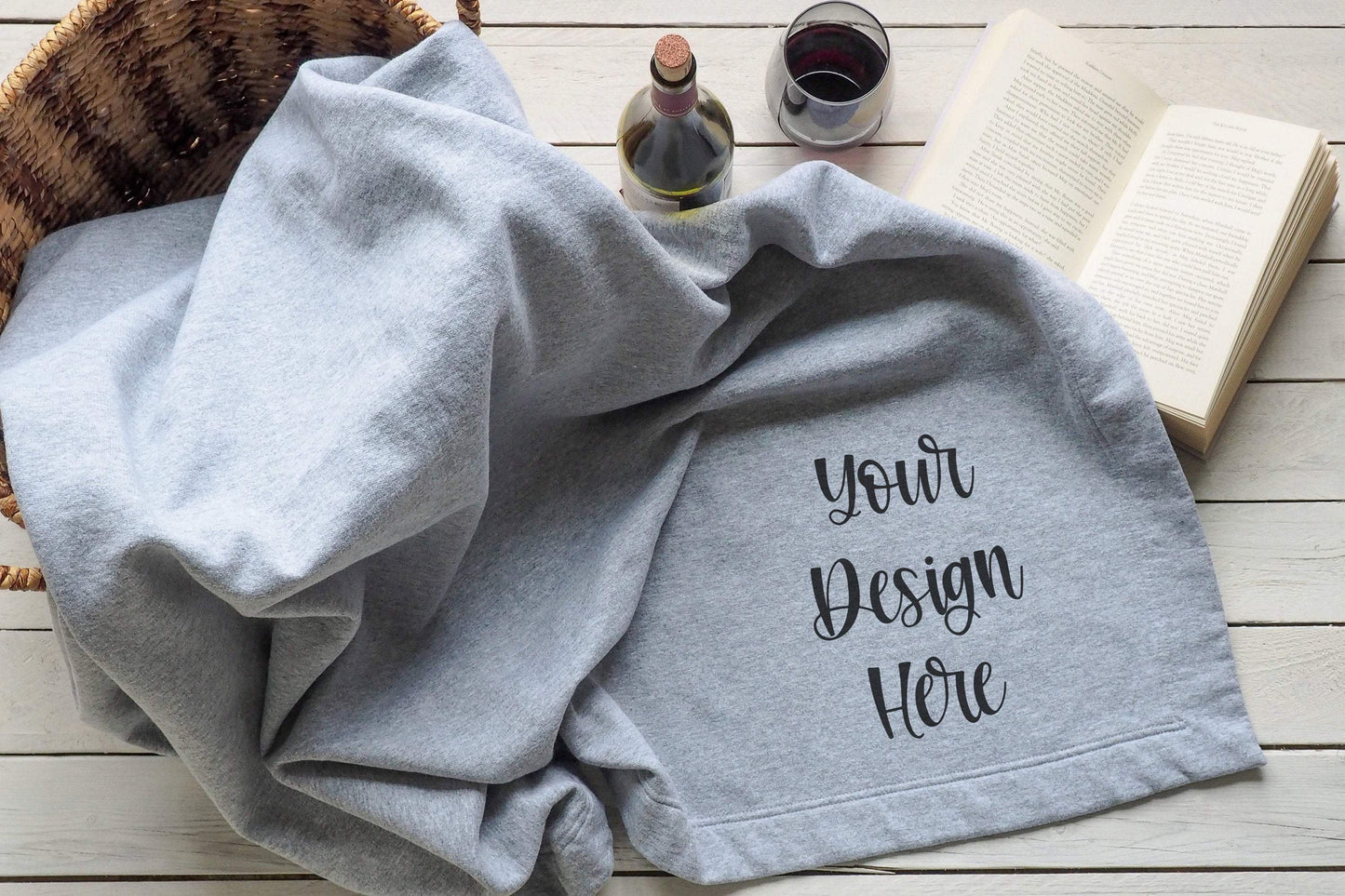 Erin Plewes Mockups Stadium Blanket Mockup, Blanket mockup with wine and book for lifestyle stock photography, Sweatshirt blanket mock-up