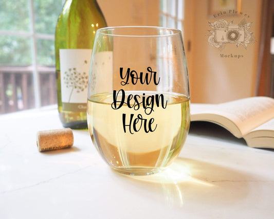 Erin Plewes Mockups Stemless Wine Glass Mockup, Wine Glass Mock up with bottle and book lifestyle photo, Glassware Set Mock-up, Digital Download Jpeg Template