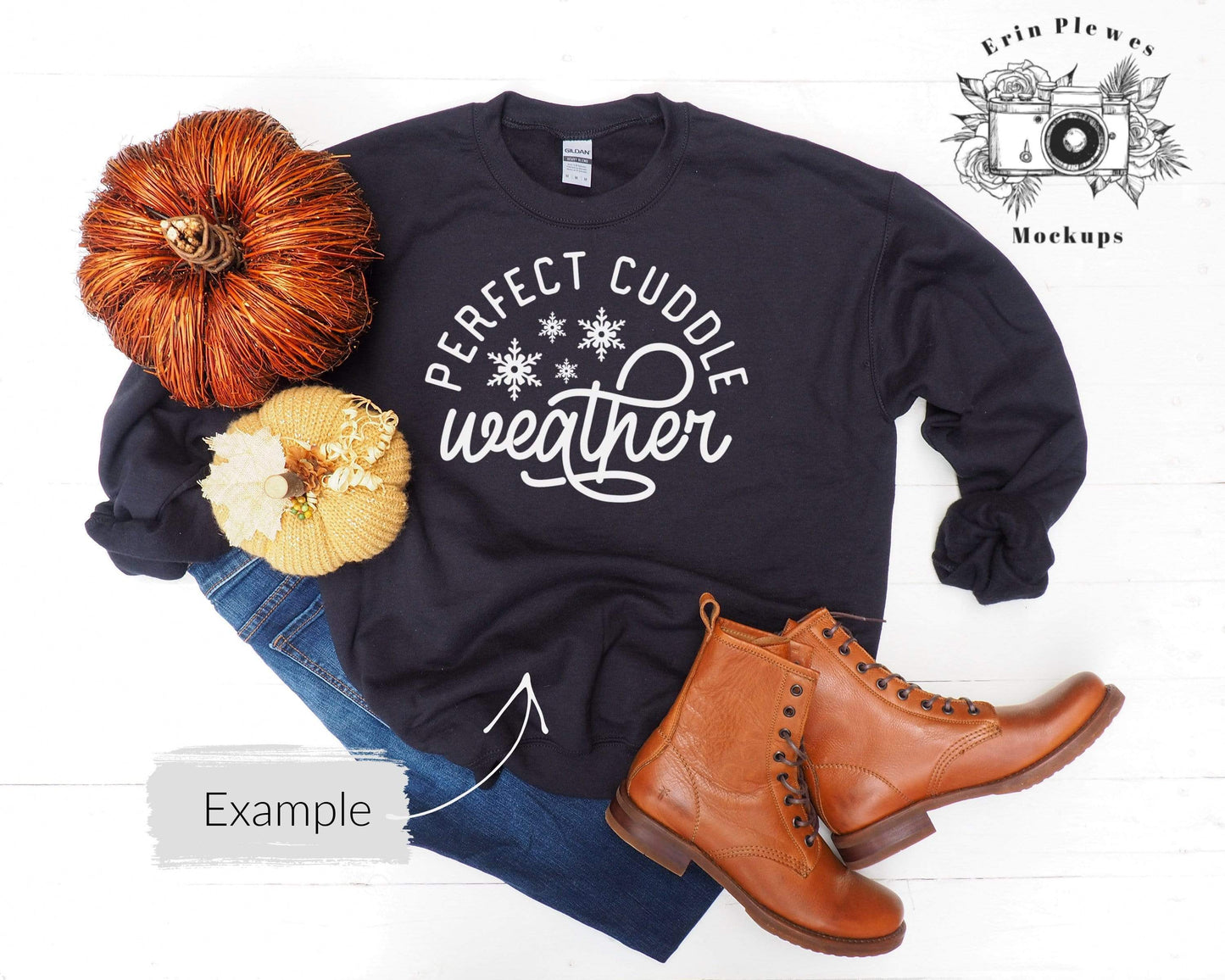 Erin Plewes Mockups Sweatshirt Mockup Black, Gildan 18000 Sweatshirt mock up with rustic boots and pumpkins, Fall styled flatlay mock-up template