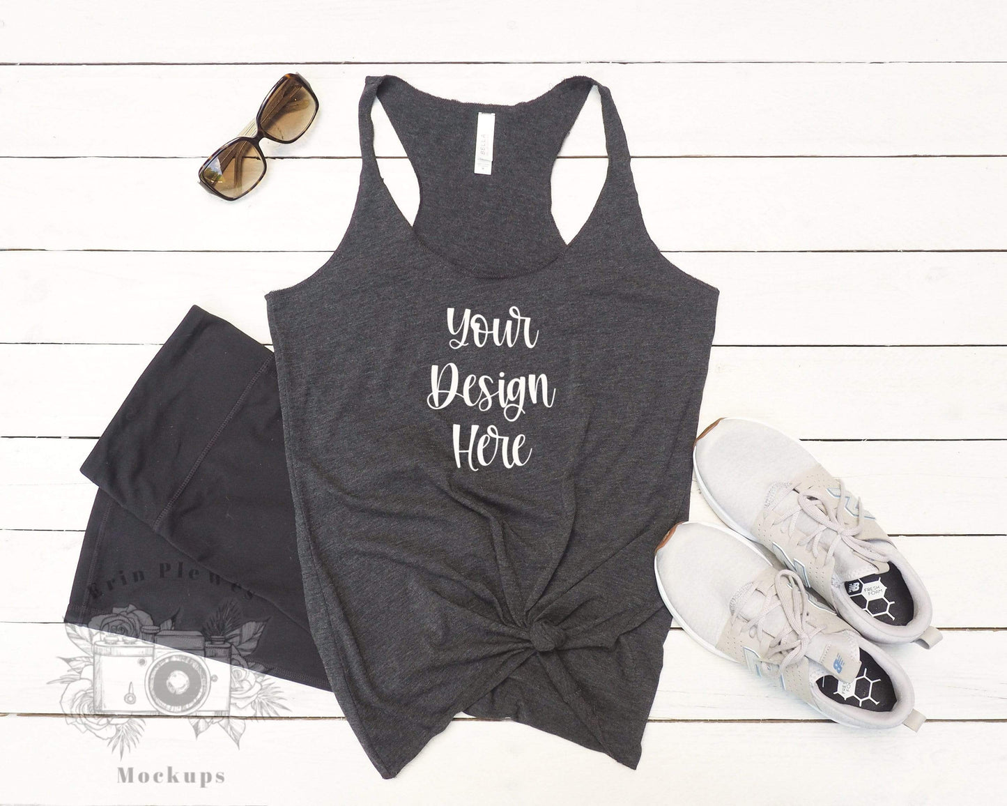 Erin Plewes Mockups Tank Mockup, Bella Canvas Charcoal Gray 8430 T-Shirt Mockup Flat Lay, Workout Flatlay Mock Up, Instant Digital Download Jpeg