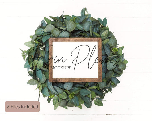 Erin Plewes Mockups Wood Sign Mockup 8"x10", Farmhouse Sign Mock Up, 8x10 Frame Mockup with Christmas Wreath, Instant Digital Download Flatlay