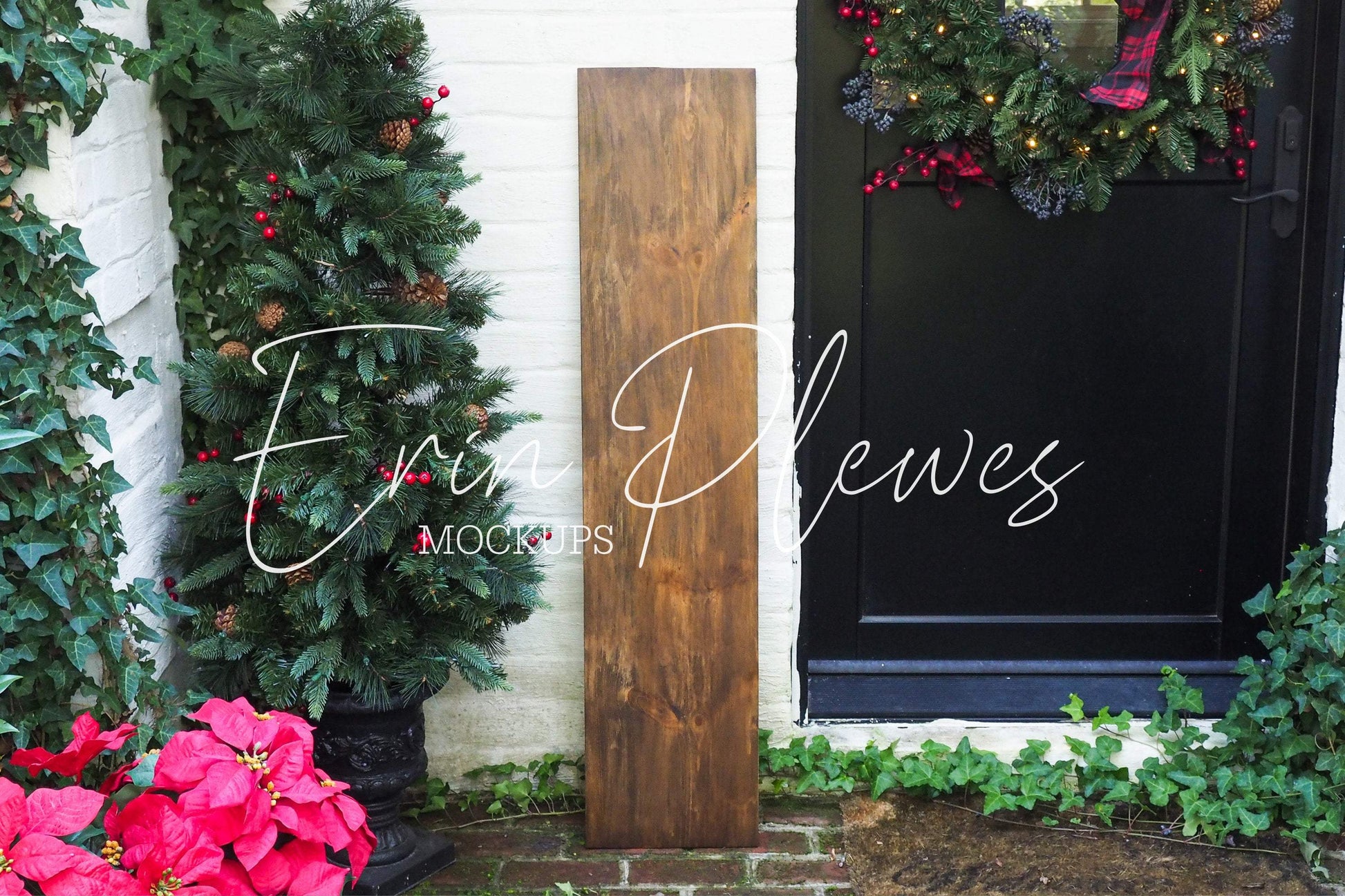 Erin Plewes Mockups Wood Sign Mockup, Christmas Vertical Sign Mock-up, Large Outdoor Sign Mock Up, Holiday Lifestyle Stock Photo