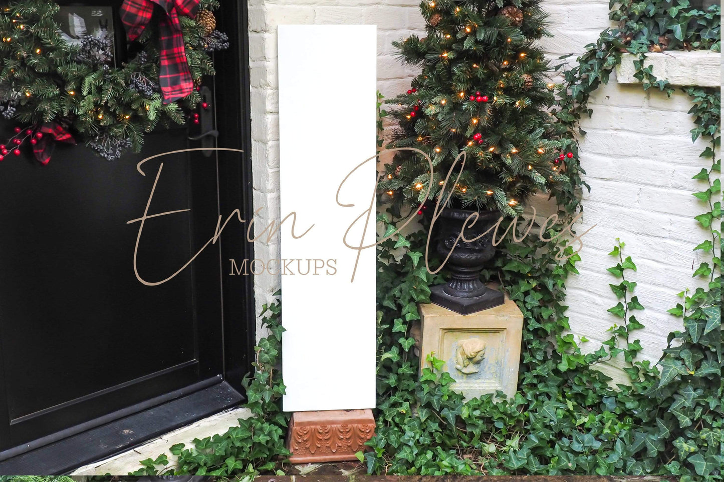 Erin Plewes Mockups Wood Sign Mockup, White Porch Sign Mock-up styled for Christmas, Vertical Sign Mock Up 1'x48", Rustic Wood Frame Mock Ups