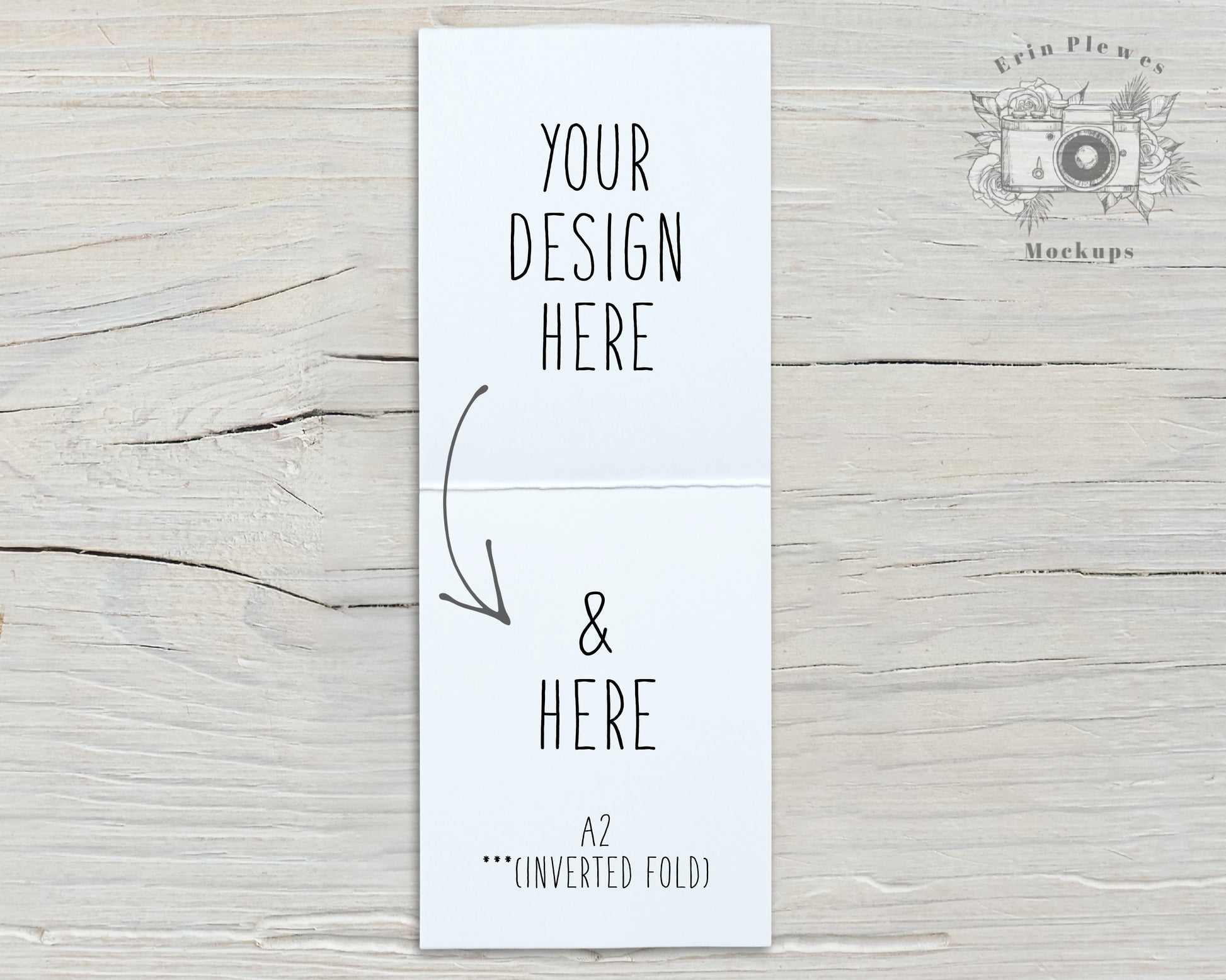 White A2 Card Mockup Open With An Inverse Fold Sitting On Rustic White Wood Tall Orientation
